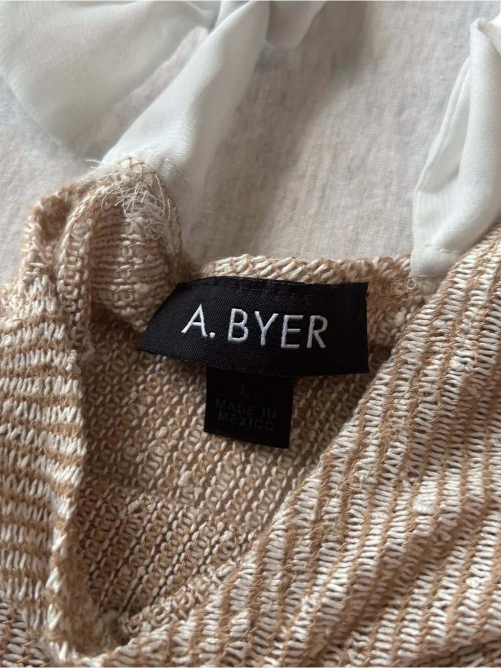 A. Byer Textured Knit Bow Back Sweater Blouse Beige White Stripe L
